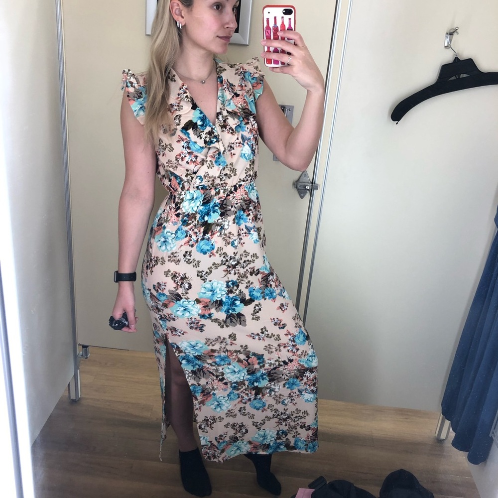 Monteau Beige and Teal Floral Maxi Dress